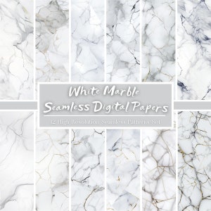 May include: A set of 12 seamless digital papers featuring white marble with gold and gray veining.  "White Marble Seamless Digital Papers" and "12 High Resolution Seamless Patterns Set" are written in the center of the image.