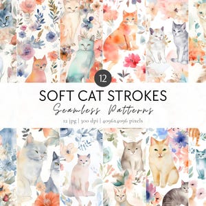 Cats Digital Paper Set, Cat & Flowers Seamless Pattern, Whimsical Watercolor Cats Seamless Pattern, Pet Scrapbooking Paper, Commercial Use