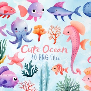 Watercolor Ocean Animals Clipart | Cute Sea Creatures PNG | Underwater Digital Set | Instant Download | Commercial Use