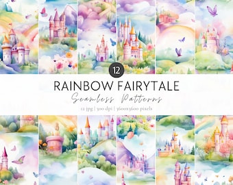 Rainbow Fairytale Digital Paper Set, Colorful Castle Seamless Pattern, Watercolor Fairytale Scrapbook Paper, Nursery Prints, Commercial Use