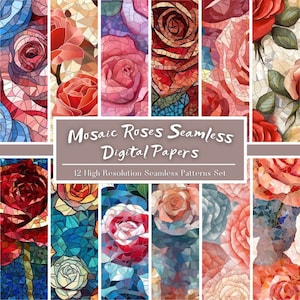 Mosaic Roses Digital Paper Set, Mosaic Roses Seamless Pattern, Floral Background, Flowers Clipart, Flower Repeating Pattern, Commercial Use