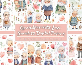 Grandparents Love Digital Paper Set, Watercolor Grandparents Day Seamless Pattern, Grandparents Day Printable Gift,  Commercial Use Crafts
