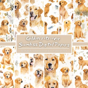 Set di carta digitale Golden Retriever, modelli senza giunture acquerello Golden Retriever, carta per album di cani carini, arte digitale per cani, uso commerciale
