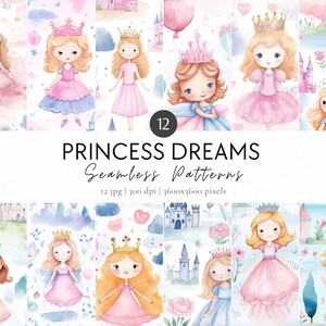 Watercolor Little Princess Digital Paper Set, Cute Nursery Princess Seamless Pattern, Whimsical Princess Crapbook Paper, Commercial Use