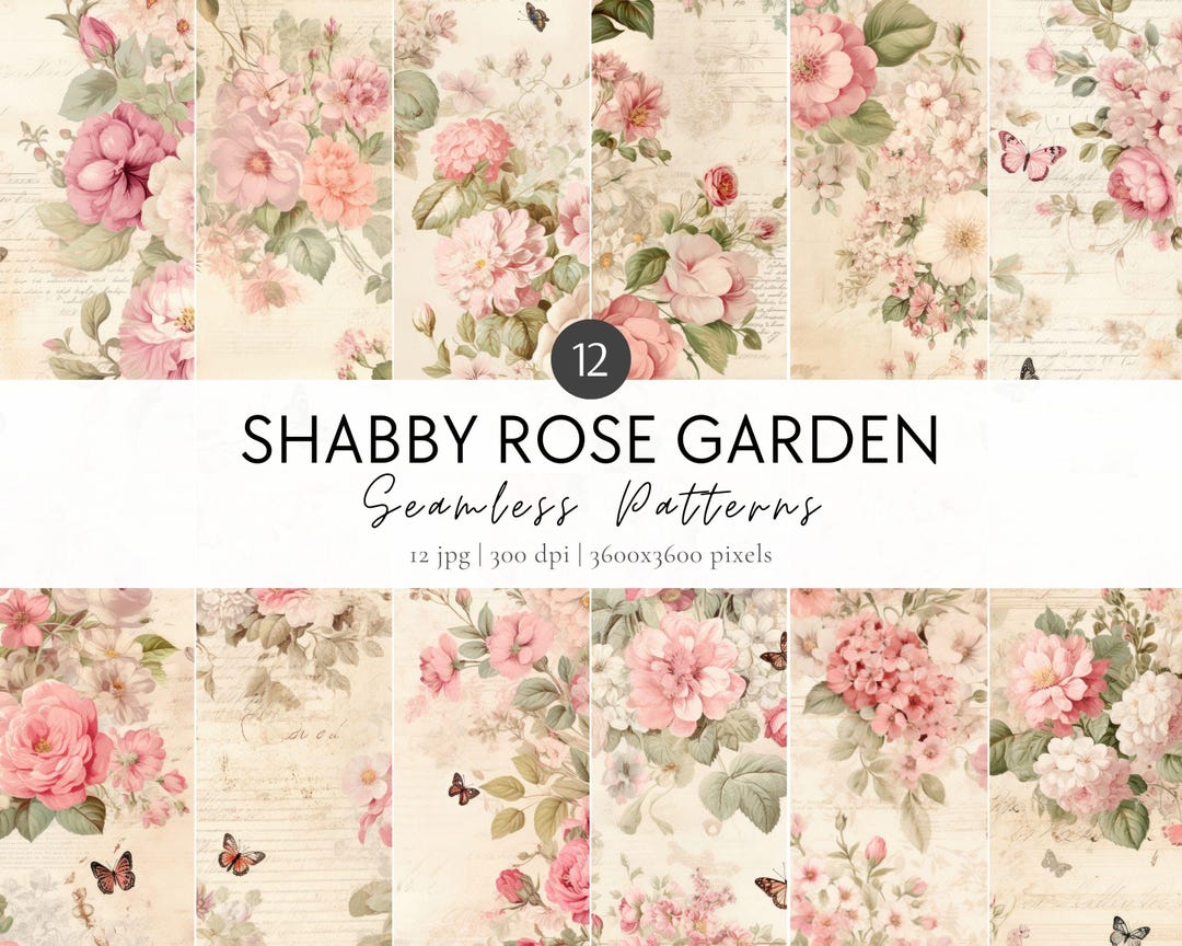 Shabby Chic Seamless Pattern Set, Vintage Rose Digital Paper, Floral ...