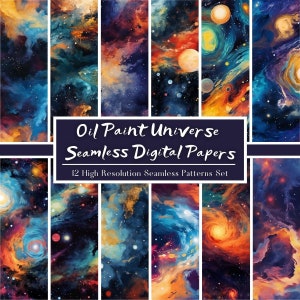 May include: A set of 12 digital papers featuring seamless patterns of colorful nebulae and stars in an oil painting style. The text "Oil Paint Universe Seamless Digital Papers" is displayed in a white rectangle on a dark blue background.