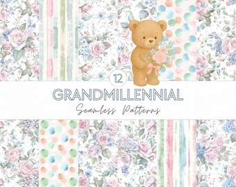 Padrões de aquarela sem emendas Grandmillennial - Papel digital floral pastel