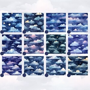 Watercolor Cloudy Night Digital Paper Set, Cloudy Night Sky Seamless ...