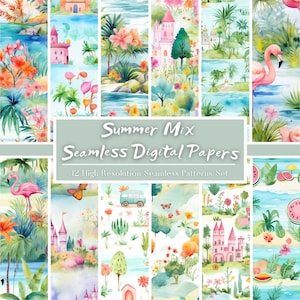 Watercolor Summer Mix Digital Paper Set, Summer Kingdom Seamless Patterns, Flamingo Scrapbook Paper, Digital Download, Commercial Use