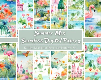 Watercolor Summer Mix Digital Paper Set, Summer Kingdom Seamless Patterns, Flamingo Scrapbook Paper, Digital Download, Commercial Use