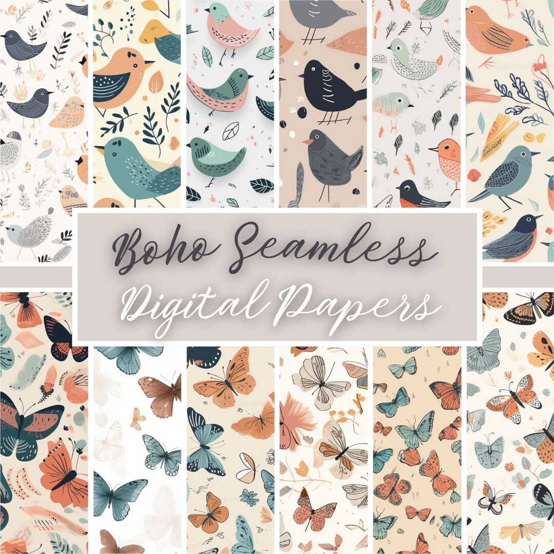 Boho Digital Paper Set, Butterflies Seamless Pattern, Boho Animals ...