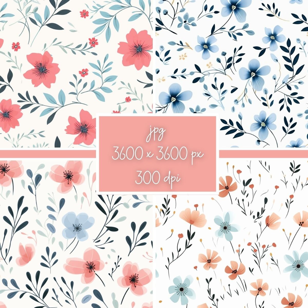 Soft Floral Digital Paper Set, Boho Flowers Seamless Pattern, Floral ...