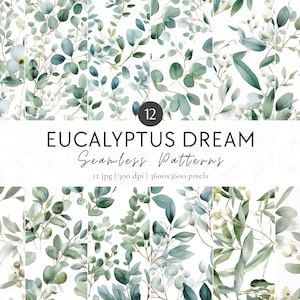 Watercolor Eucalyptus Digital Paper Set, Greenery Eucalyptus Seamless Patterns, Scrapbook Paper, Watercolor Leaves Pattern, Commercial Use