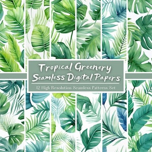 Tropical Greenery Digital Paper Set, Watercolor Leaves Seamless Pattern, Tropical Leaf Scrapbook Paper, Flowers Scrapbooking, Commercial Use