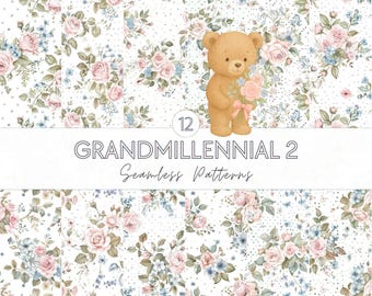 Watercolor Grandmillennial Seamless Patterns, Pastel Floral Bouquets, Flowers Digital Repeating Pattern, Scrapbook Paper, Decoupage Papers