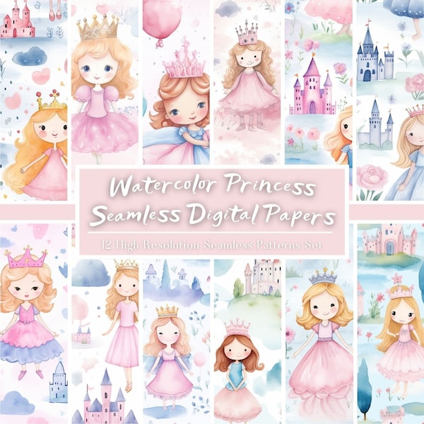 Watercolor Little Princess Digital Paper Set, Nursery Princess Seamless Pattern, Cute Princess Crapbook Paper, Princess JPG, Commercial Use