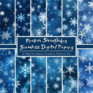Puede incluir: Un conjunto de 12 papeles digitales con patrones sin costuras de copos de nieve blancos sobre un fondo azul. El texto "Frozen Snowflakes Seamless Digital Papers" y "12 High Resolution Seamless Patterns Set" se muestra en la imagen.