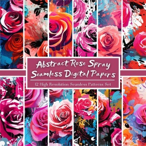 Puede incluir: Un conjunto de 12 papeles digitales con patrones abstractos de rociado de rosas en colores vibrantes, incluyendo rosa, rojo, naranja, azul y amarillo. Los patrones son sin costuras y de alta resolución, lo que los hace ideales para una variedad de proyectos creativos.