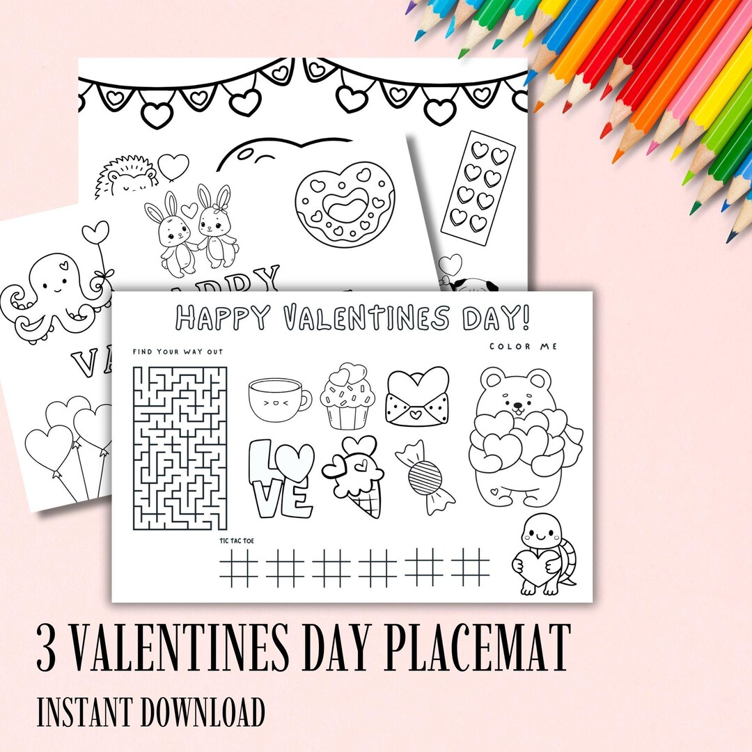 Valentine's Day Coloring Placemat Set - Kids Party Activity (PDF ...