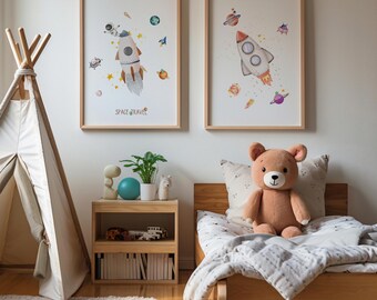 Rocket Ship Space Prints, Set of 2, Nursery Decor (Digital Download)