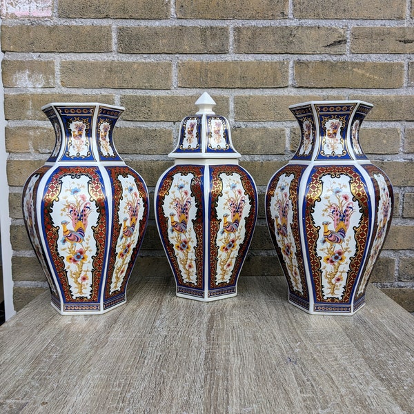 ELEGANT Colorful vase set with floral and bird motifs - Interior garniture - Oriental style ceramic vase set by B&G Italy - Wedding gift