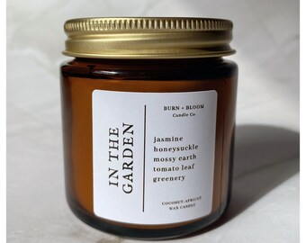 IN THE GARDEN / 3.2oz Amber Jar Candle / Gold Lid / Coconut Apricot Wax / Jasmine Honeysuckle / Moss / Tomato Leaf