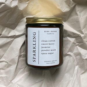 SPARKLING / Clean Cotton / Cotton Candy / 7oz Amber Jar Candle / Gold Lid / Coconut Apricot Wax