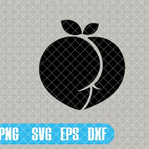 May include: Black silhouette of a peach with a stem and leaves.