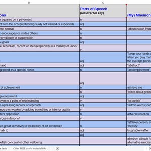 May include: A spreadsheet with vocabulary words, definitions, and mnemonic devices. The words are in the left column, with definitions in the center and mnemonic devices on the right. The spreadsheet is organized with blue and white rows.