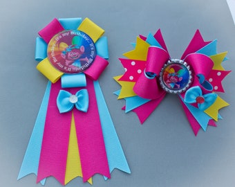 Trolls Bow and Pin Birthday Set, Poppy Bow and Pin Birthday Set, Poppy Birthday, Poppy Party, Trolls Birthday, Trolls Party, Trolls Poppy