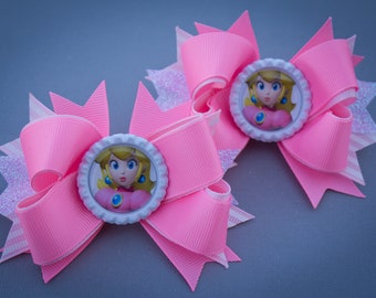 Set of 2 Princess Peach Pigtail Bows, Princess Peach Bows, Princess Peach Birthday, Princess Peach Party, Super Mario Princess