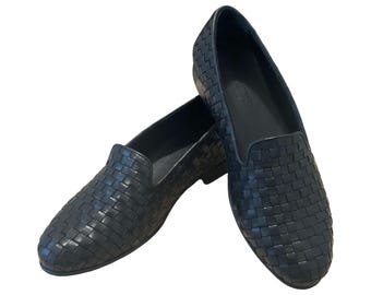 Mens Black Woven Lambskin Leather Loafers - Handmade - Made in Italy
