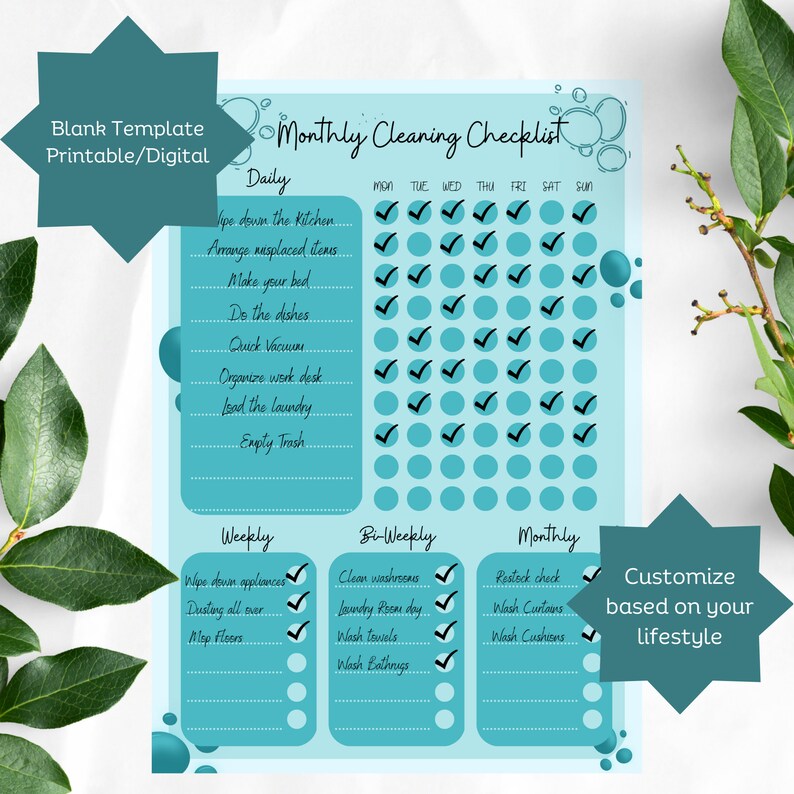 Printable & Digital Monthly Cleaning Checklist Cleaning Checklist A4