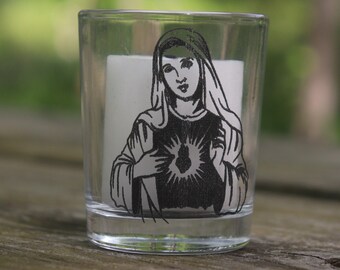 Immaculate Heart Glass Candle Holder – Catholic Prayer Candle – Includes Pure Beeswax Candle