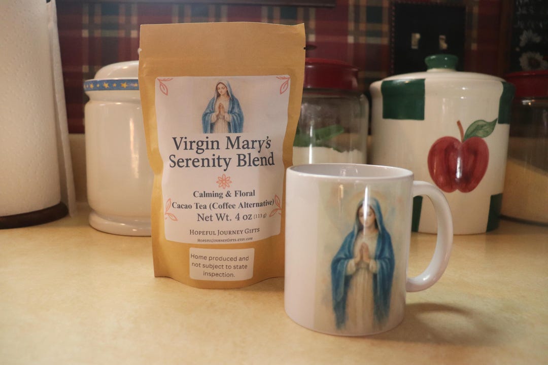 Catholic Tea Set Virgin Mary Cacao Tea & Mug Gift Set – Catholic Herbal Cacao Tea 4oz ...