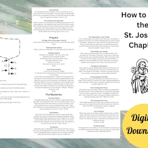 May include: Printable guide on how to pray the St. Joseph Chaplet. The guide includes instructions on how to pray the rosary, the mysteries of the rosary, and the prayers for each mystery. The guide also includes an illustration of St. Joseph holding the baby Jesus.