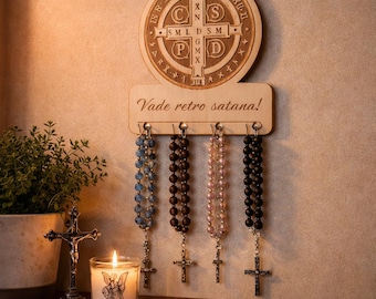 St. Benedict Medal Rosary & Key Holder | "Vade Retro Satana!" Spiritual Protection | 5 Hooks | Catholic Home Decor Gift