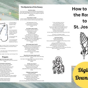 May include: Printable guide for praying the Rosary to St. Joseph. The guide includes instructions, prayers, and a black and white illustration of hands holding a rosary.