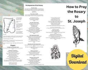 May include: Printable guide for praying the Rosary to St. Joseph. The guide includes instructions, prayers, and a black and white illustration of hands holding a rosary.