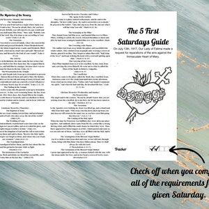 May include: A printable guide to the 5 First Saturdays devotion to the Immaculate Heart of Mary. The guide includes a black and white illustration of the Sacred Heart of Mary with a sword piercing it and a crown of thorns. The guide also includes a checklist for tracking the completion of the five first Saturdays.