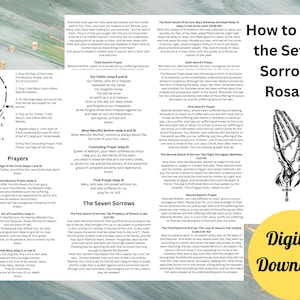 以下が含まれることがあります： 七つの悲しみのロザリオを祈るための印刷可能なガイド。ガイドには、指示、祈り、ビーズ付きロザリオの図が含まれています。画像には、デジタルダウンロードのラベルも含まれています。