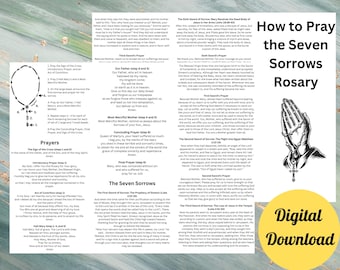 Può includere: Guida stampabile per pregare il Rosario dei Sette Dolori. La guida include istruzioni, preghiere e un diagramma di un rosario con perline. L'immagine include anche un'etichetta di download digitale.