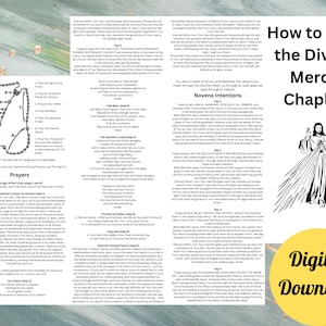 May include: A black and white illustration of Jesus Christ with rays of light emanating from his body. The text "How to Pray the Divine Mercy Chaplet" is written in black text at the top of the image. The text "Digital Download" is written in white text on a black circle at the bottom of the image.