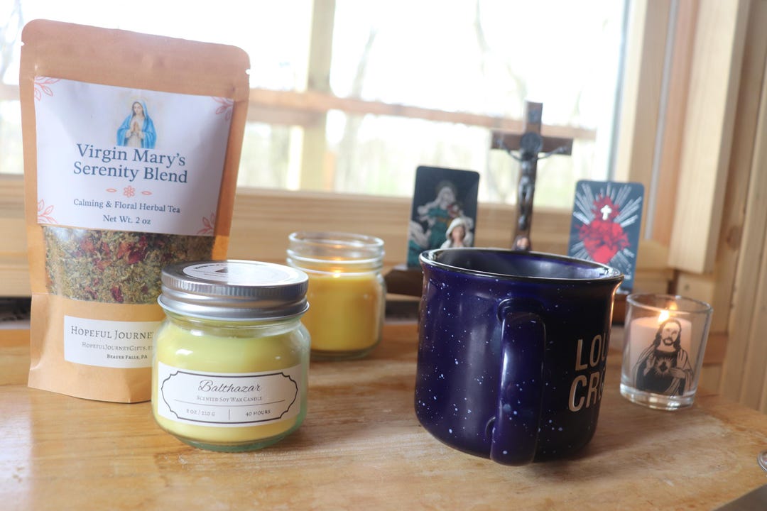 Catholic Tea Set Virgin Mary Tea & Candle Gift Set – Catholic Loose Leaf Tea + 7.3 Oz ...