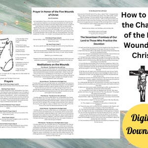 Könnte beinhalten: Ein digitaler Download mit Anweisungen zum Beten des Rosenkranzes der Fünf Wunden Christi. Das Bild zeigt ein Rosenkranzdiagramm, Text zur Erklärung der Gebete und eine Darstellung Jesu am Kreuz. Ein gelber Kreis mit "Digitaler Download" befindet sich unten rechts.