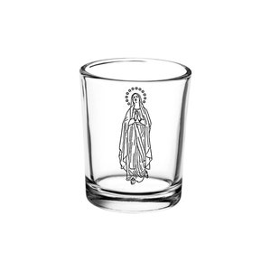 Our Lady of Lourdes, Mother Mary Clear Votive Holder – Catholic Marian Candle – Includes Pure Beeswax Candle