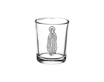 Catholic Religious Devotional Glass Candle Holder, Our Lady of Lourdes, Mother Mary Clear Votive Holder, Prayer Tea Light, Blessed Virgin