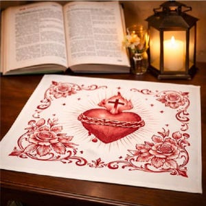 May include: A white square cloth with a red Sacred Heart design, featuring a heart with a crown of thorns, a cross, and floral accents. The cloth is surrounded by red roses and decorative flourishes.