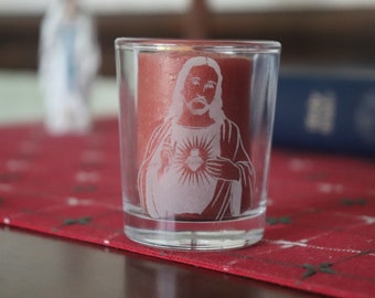 Catholic Religious Devotional Glass Candle Holder, Sacred Heart of Jesus Clear Votive Holder, Prayer Tea Light Holder,