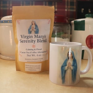 Virgin Mary’s Serenity Blend | Calming Cacao Tea with Chamomile, Lavender, Rose & Lemon Balm | Floral Herbal Coffee Alternative | 4oz Pouch